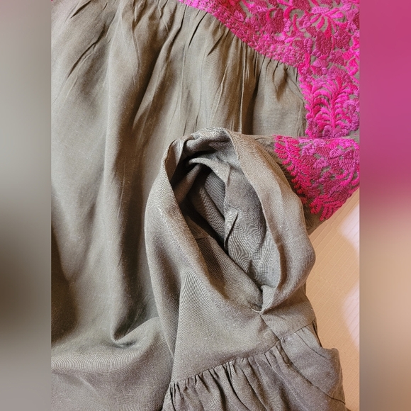 NWOT j.marie Linen Blend Isla Mae Olive Green Embroidered Tiered Boho Mini Dress - Picture 2 of 13